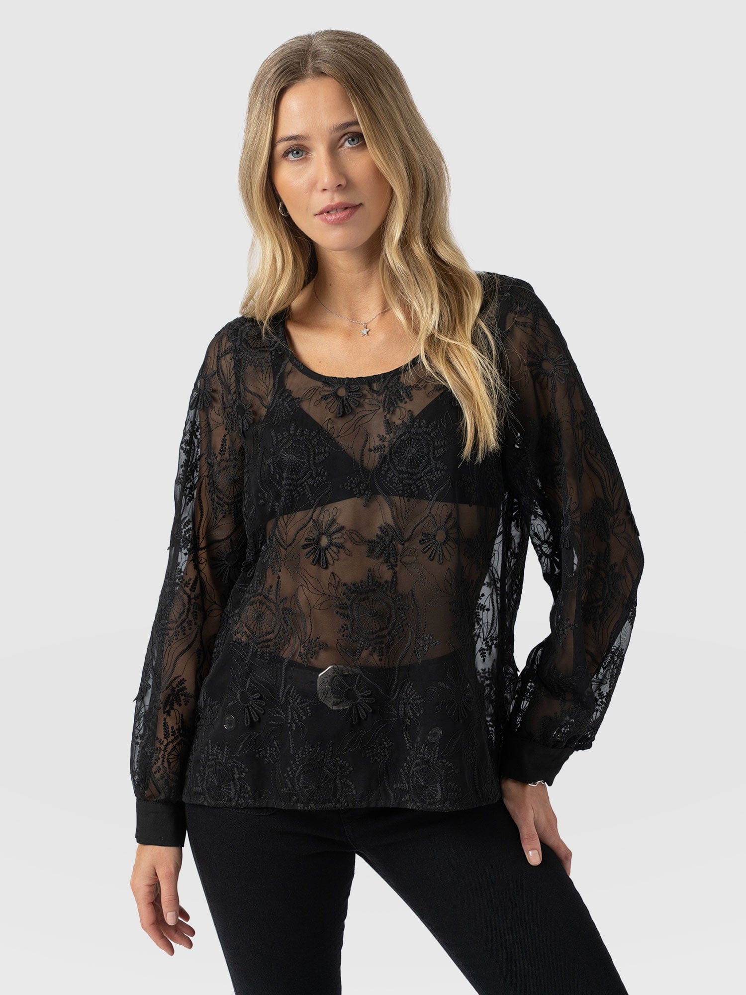 Ottilie Scoop Neck Blouse - Black Lace - Women's Blouses | Saint + Sofia® USA